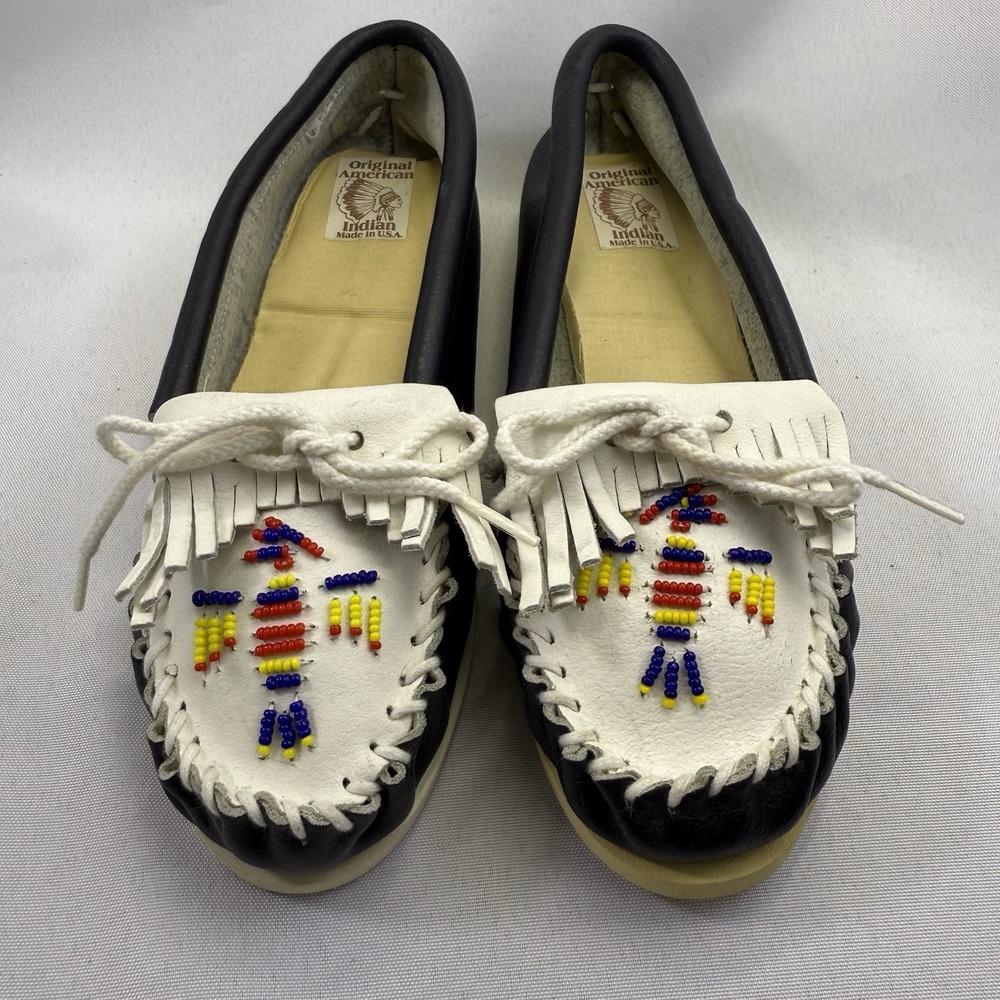 VTG American Indian‎ Moccasins Navy/White Leather Beaded Fringe Handmade Size 5
